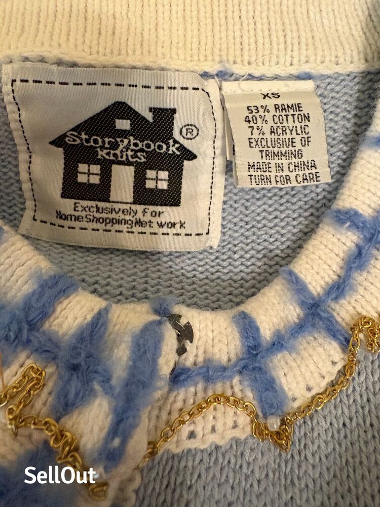 Vintage Storybook Knits Dog Cardigan Sweater Blue Women's XS Long Sleeve - Picture 2 of 5